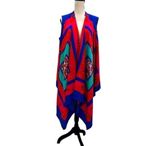 DKNY BRIGHT MULTICOLOR FLORAL SILK SCARF OPEN FRONT VEST